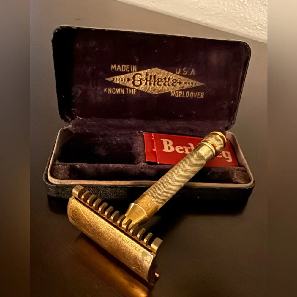 Vintage Gillette 1930s Brass Safety Razor Kit | Original Case | Gold Tone